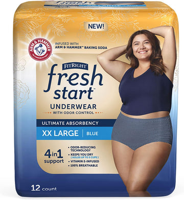 Fitright Fresh Start Incontinence And Postpartum Underwear For Women, Xxl, Blue (12 Count) Ultimate Absorbency, Disposable Underwear With The Odor-Control Power Of Arm & Hammer