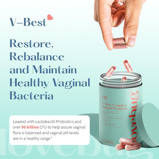 Lovebug V-Best Vaginal Probiotics - 90 Billion Cfu Womens Probiotic For Ph Balance, Urinary Tract Health, Bv & Odor, Probiotics For Women With Lactobacillus Acidophilus, Rhamnosus Gg, Reuteri - 60 Ct