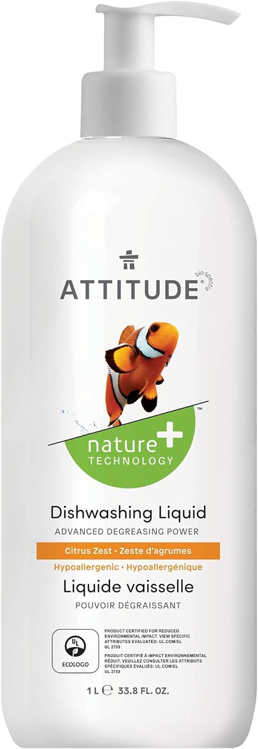 Attitude Dishwashing Liquid, Ewg Verified, Vegan Dish Soap, Plant Based, Naturally Derived Products, Citrus Zest, 33.8 Fl Oz