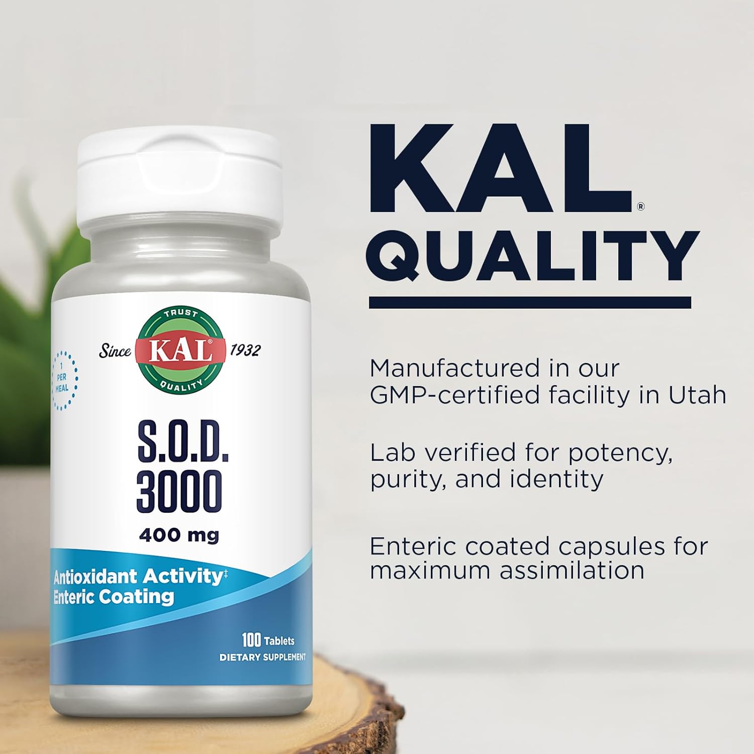 KAL S.O.D. 3000 Antioxidant Supplement 400mg, Superoxide Dismutase (SOD), Beef Liver Source, Super Antioxidant Support, Enteric Coated for Maximum Assimilation, 60-Day Guarantee, 100 Serv, 100 Tablets : Health & Household