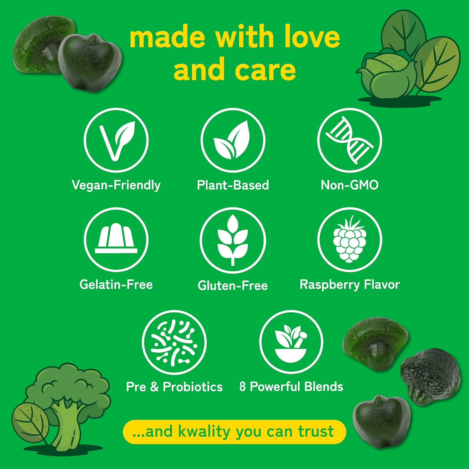 Daily Super Greens Gummies To Boost Energy | With Moringa, Spirulina, Chlorella, Veggies & More | Includes 8 Blends | For Women And Men | Vegan, Non-Gmo Supplement | 60 Count