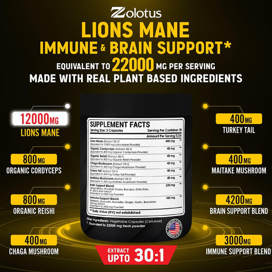 Lions Mane Mushroom Complex Capsules, Equivalent To 22000Mg, With Cordeyceps, Elderberry, Ginkgo Biloba, Bacopa, Focus, Memory And Brain Support Supplement, Immune Support, Energy Pills - 60 Capsules