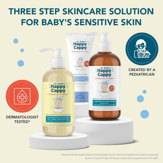 Happy Cappy Dr. Eddie'S 3 Step Skincare Solution For Baby'S Sensitive Skin | For Cradle Cap, Seborrheic Dermatitis, Dandruff, Dry, Itchy, Irritated, Eczema Prone Skin, Gift Box Set, 3 Pieces
