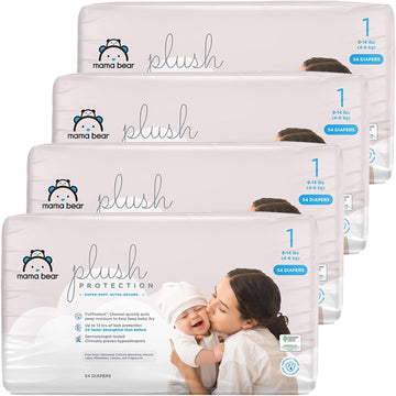 Amazon Brand - Mama Bear Plush Protection Diapers - Size 1, One Month Supply, Hypoallergenic Premium Disposable Baby Diapers, 216 Count (Pack Of 4), White And Cloud Dreams