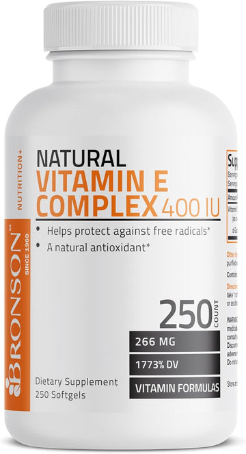 Bronson Natural Vitamin E Complex 400 I.U. Supplement (D-Alpha Tocopherol Plus D-Beta, D-Gamma, & D-Delta Tocopherols), Natural Antioxidant, 250 Softgels