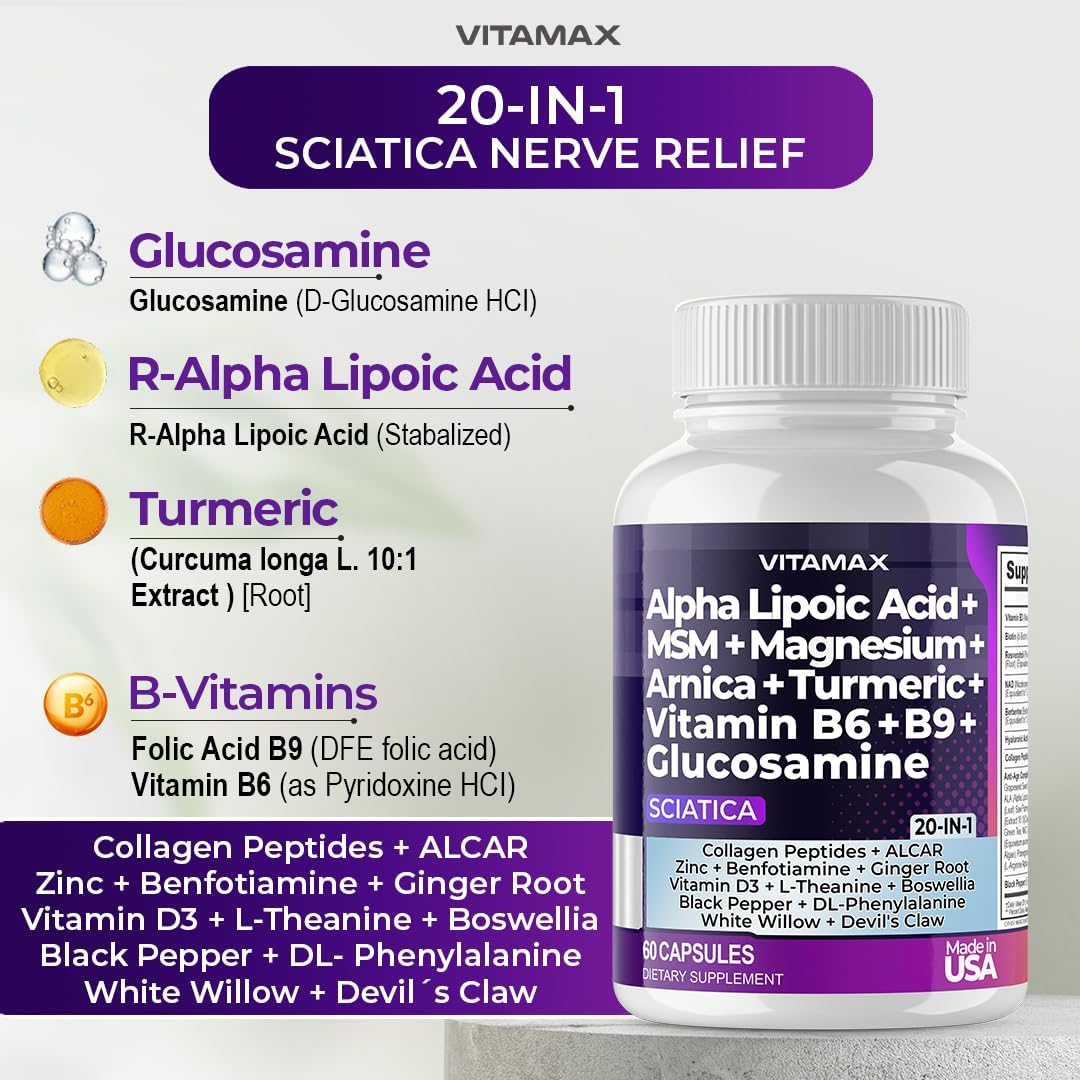 Sciatic Nerve Health Support - Sciatic Nerve Supplement Capsules With Folic Acid, Pea, Glucosamine, Msm, Vitamin B Complex, Alpha Lipoic Acid 300Mg – 60Ct – Made In Usa : Health & Household
