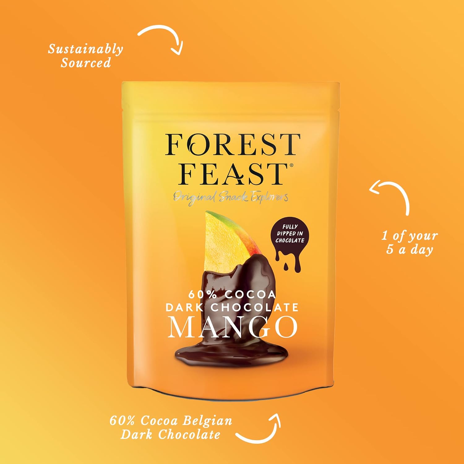 FOREST FEAST 60% Cocoa Dark Chocolate Mango 6 x 100g | Sweet Dried Mango Chocolate Covered Fruit Snack with 60% Belgian Dark Chocolate, Gluten Free & Vegan Friendly Snack : Amazon.co.uk: Grocery