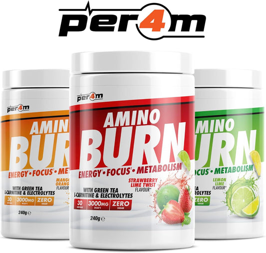 Per4M Amino Burn Powder | L-Carnitine, Cayenne, Green Tea, Pine Bark Extract & Caffeine | Increases Allertness & Attention | Suitable For Vegans | Sugar Free (240G, Mango Orange)