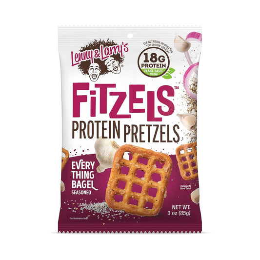 Lenny & Larry's Everything Bagel FITZELS- Savory Pretzel Snacks Incredibly Tasty, High Protein Salty, Vegan, Kosher 18 g's of Plant Based Protein 8 (eight) Bags, 3 oz Each