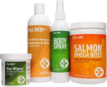 Pet Md Salmon Omega Bites & Ear Wipes & Oatmeal + Aloe Shampoo & Cucumber Melon Body Spray