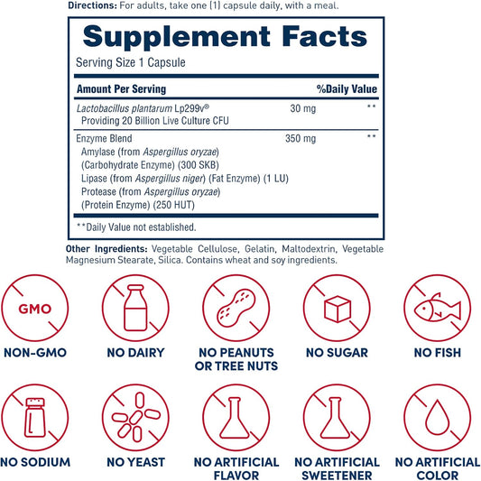 American Health Enzyme Probiotic Complex Plus, 20 Billion Microorganisms - Clinically Studied Strain - Advanced Support For Gas & Bloating* - Non-Gmo - 60 Capsules, 60 Total Servings