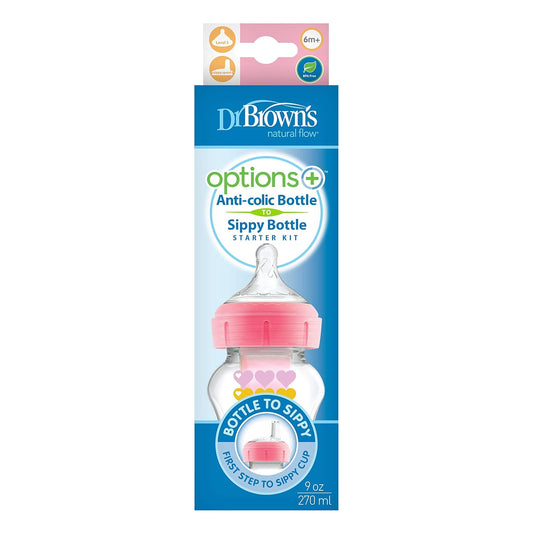 Dr. Brown'S Natural Flow Anti-Colic Options+Wide-Neck Sippy Bottle Starter Kit, 9Oz/270Ml, With Level 3 Medium-Fast Flow Nipple And 100% Silicone Soft Sippy Spout, Pink, 6M+