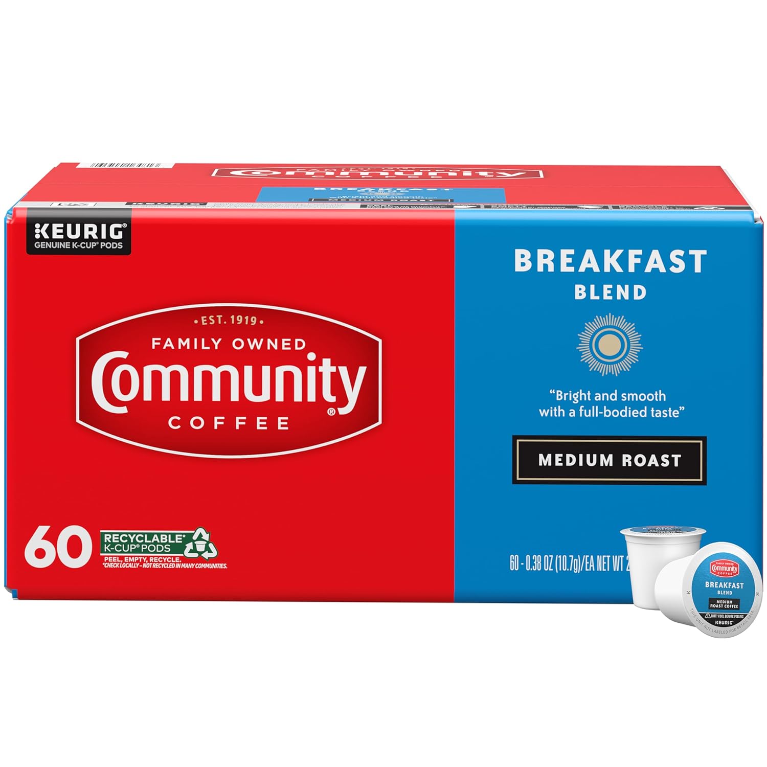 Community Coffee Breakfast Blend 60 Count Coffee Pods, Medium Roast, Compatible With Keurig 2.0 K-Cup Brewers, Box Of 60 Pods