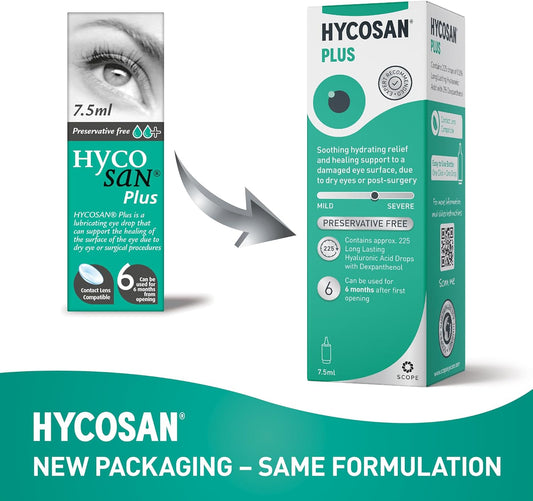 Hycosan Plus - Triple Pack - Dry Eye Drops With Hyaluronic Acid And Dexpanthenol For Relief And Healing Support For Eyes Recovering From Injury Or Surgery - Preservative Free – 3 X 225 Measured Doses