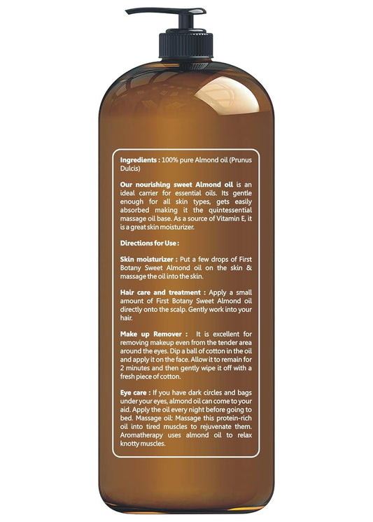 First Botany Cosmeceuticals, Cold Pressed Sweet Almond Oil - Triple Aaa+ Grade Quality, For Hair, For Skin And For Face, 100% Pure And Natural With Pump Dispenser, 16 Fl Oz