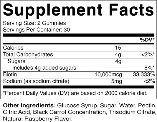 Vitamatic Biotin Gummies 10,000 mcg for Stronger Hair, Skin & Nails - 60 Vegan Gummies - Also Called Vitamin B7 (1 Bottle)