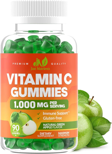 Vitamin C 1000mg Gummies for Adults & Kids - Maximum Strength Immune Support, Collagen Support for Skin - Sour Green Apple Flavor - Gluten Free, Non-GMO, 100% Vegetarian - 90 Gummies (30 Servings)