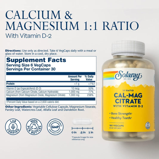 Solaray Calcium Magnesium Citrate 1:1 Ratio W/Vitamin D 2 - Calcium Supplements For Women And Men - Calcium 1000Mg, Magnesium 1000Mg - Bone Health Support - 60-Day Guarantee, 30 Servings, 180 Vegcaps