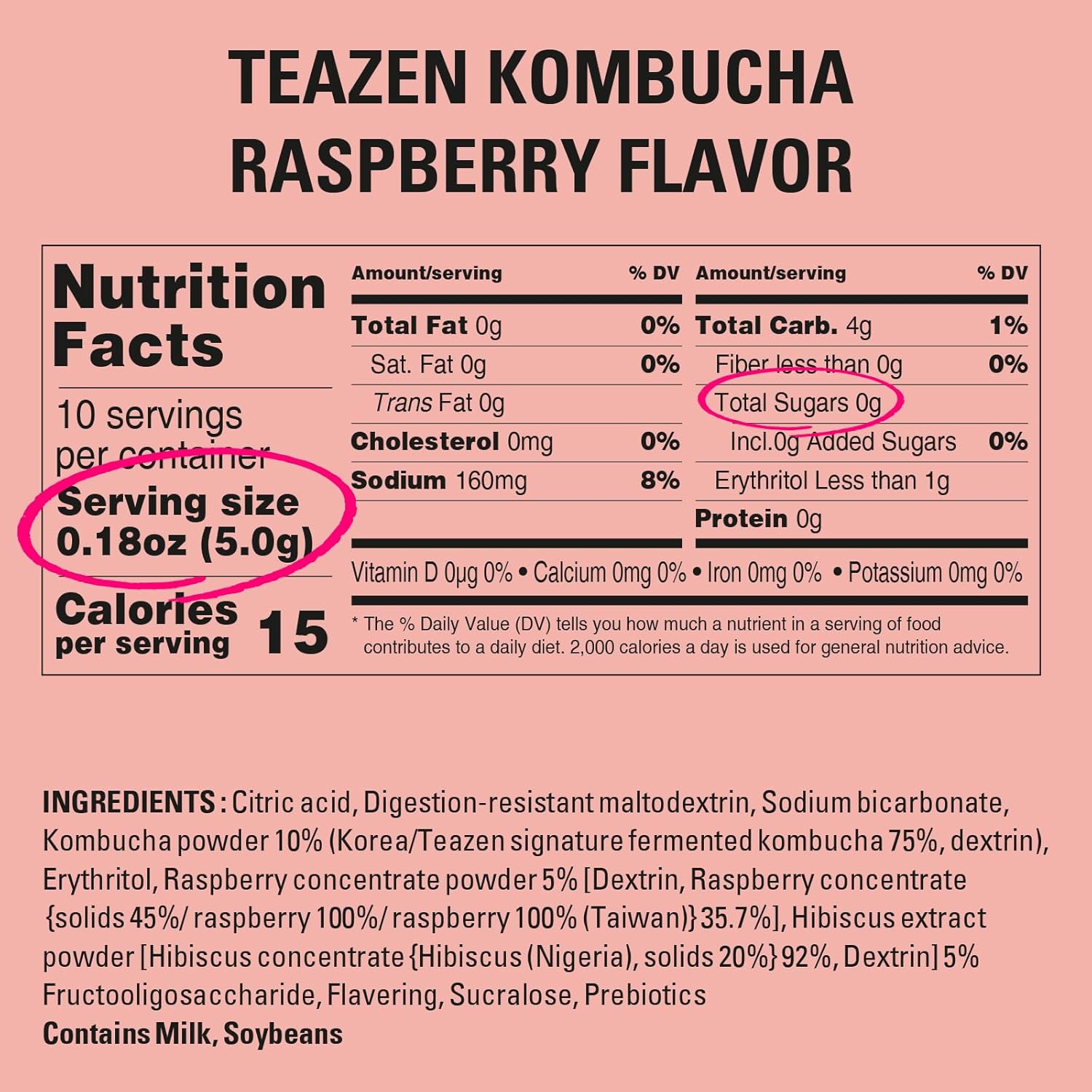 Teazen Kombucha Tea, Zero Sugar, Sparkling Fermented Powdered Mix Beverage From Korea, Live Probiotics & Prebiotics (Raspberry)