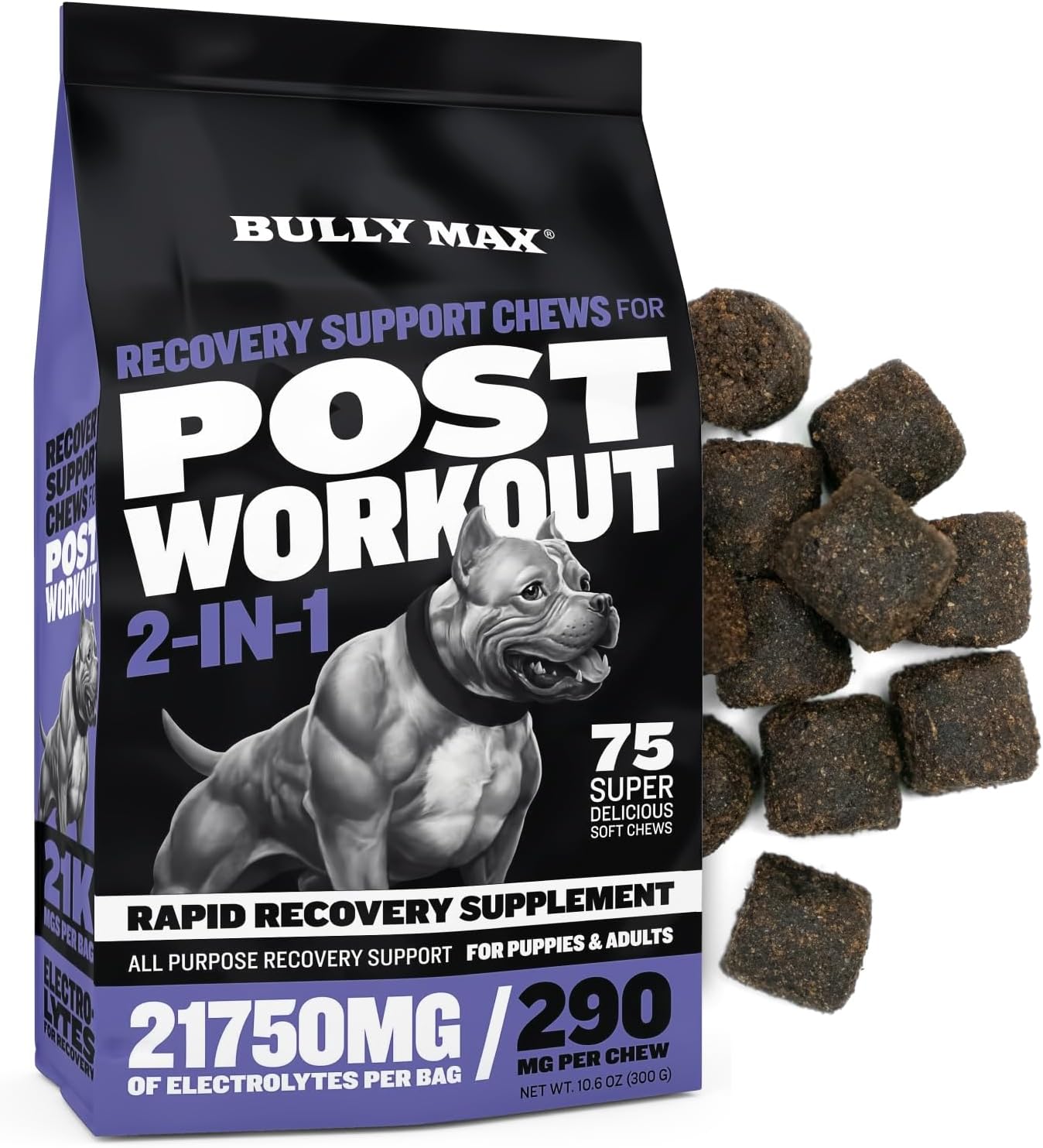 Bully Max 2-In-1 Post-Workout Recovery Support Chews - Dog Vitamins And Food Supplement For Small & Large Breeds - Puppy And Adult Dog Hydration & Electrolyte Replenishment - 75 Soft And Tasty Chews