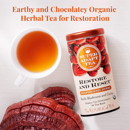 The Republic Of Tea - Restore And Reset Superadapt Herbal Tea, 36 Tea Bags, Organic, Caffeine Free, Reishi Mushroom And Cocoa Herbal Tea