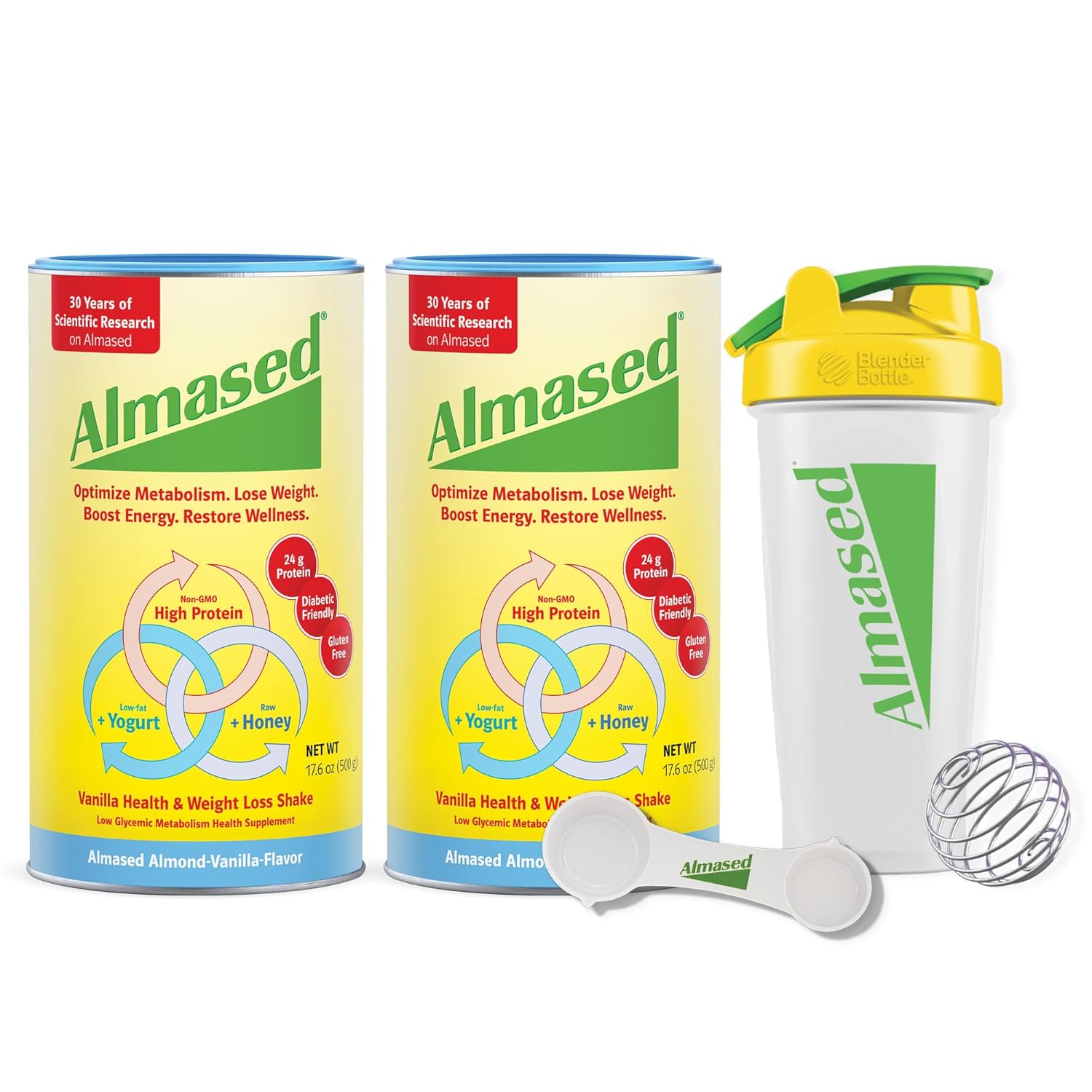 Almased Meal Replacement Shakes For Weight Loss - Protein Powder - Starter Kit (Almond Vanilla Flavor, 2 Cans Of 17.6 Oz + Shaker Bottle + Scoop)