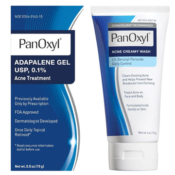 Panoxyl Acne Skincare Bundle Adapalene 0.1% Leave-On Gel, 30 Day Supply, 0.5 Oz Antimicrobial Hydrating Acne Creamy Wash, 4% Benzoyl Peroxide, 6 Ounce