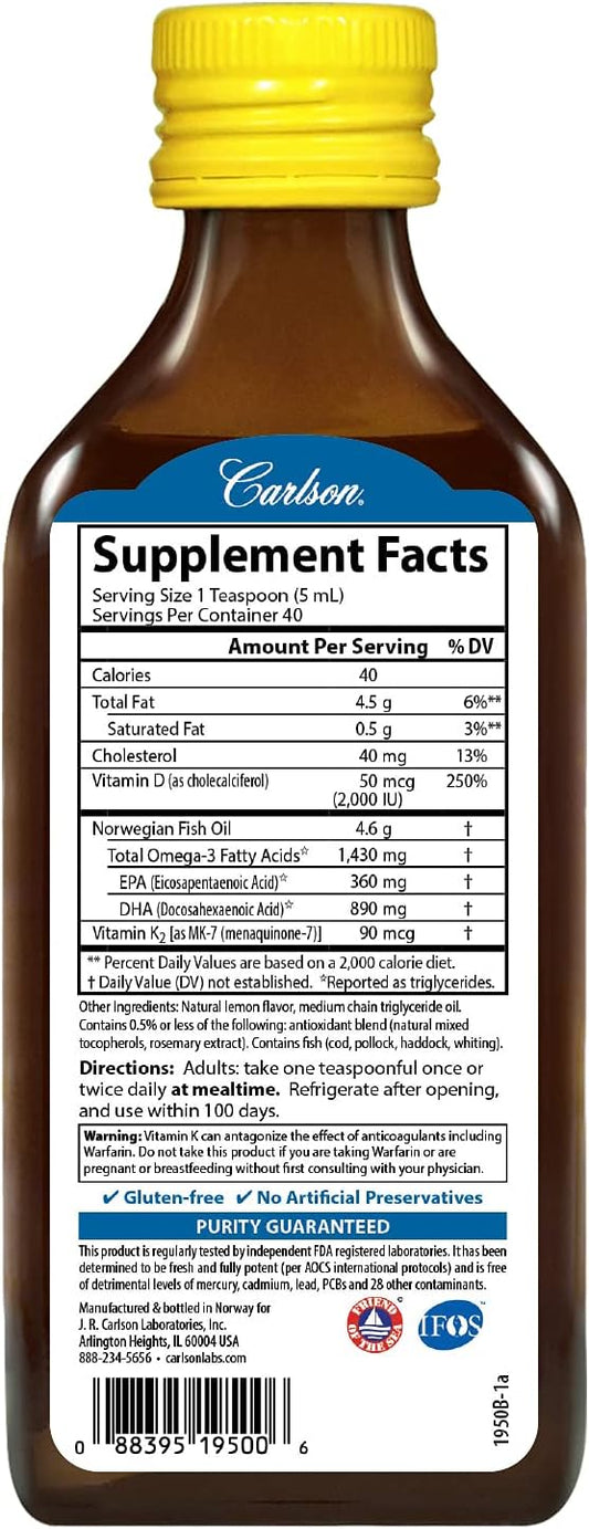 Carlson - Omega-3 + D & K, 1430 Mg Omega-3S, 2000 Iu (50 Mcg) D3, 90 Mcg K2 As Mk-7, Heart Health, Bone Support, Lemon, 200 Ml