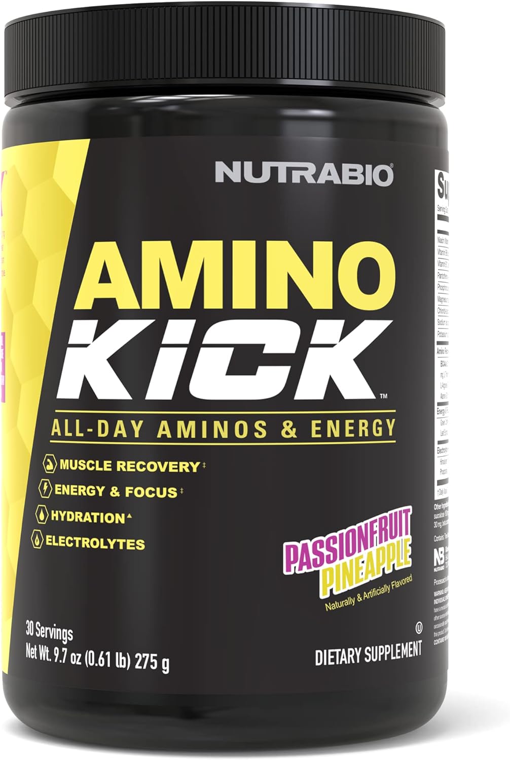 NutraBio Amino Kick - Amino Acid Energy Formula - BCAA's, Electrolytes for Hydration, Natural Caffeine- 30 Servings(Pineapple Passionfruit)