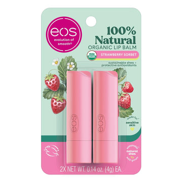 Eos 100% Natural & Organic Lip Balm- Strawberry Sorbet, Dermatologist Recommended For Sensitive Skin, All-Day Moisture, 0.14 Oz, 2 Pack