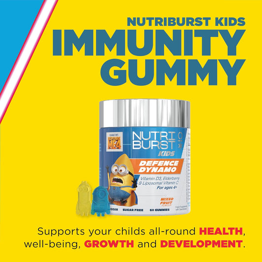 Nutriburst Trolls Kids Defencedynamo - Immune Support & Energy - Vitamin D3 (25µg), Vitamin C (90Mg) + Black Elderberry Extract (50Mg) - Vegan + Chewable + Sugar Free - Blueberry Flavour - 60 Gummies
