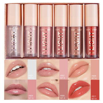 6Pcs Lip Oil Light Lipgloss Set, Moisturizing Hydrating Lip Glow Oil Lip Gloss Kit High Shine Lip Plumping Glass Finish Lip Gloss Liquid Lipstick For Women (Set C)