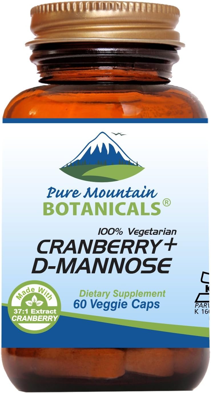 Pure Mountain Botanicals Cranberry D Mannose Capsules - 60 Kosher Vegan Caps - 1000Mg D Mannose With Cranberry Concentrate Plus Vitamin C