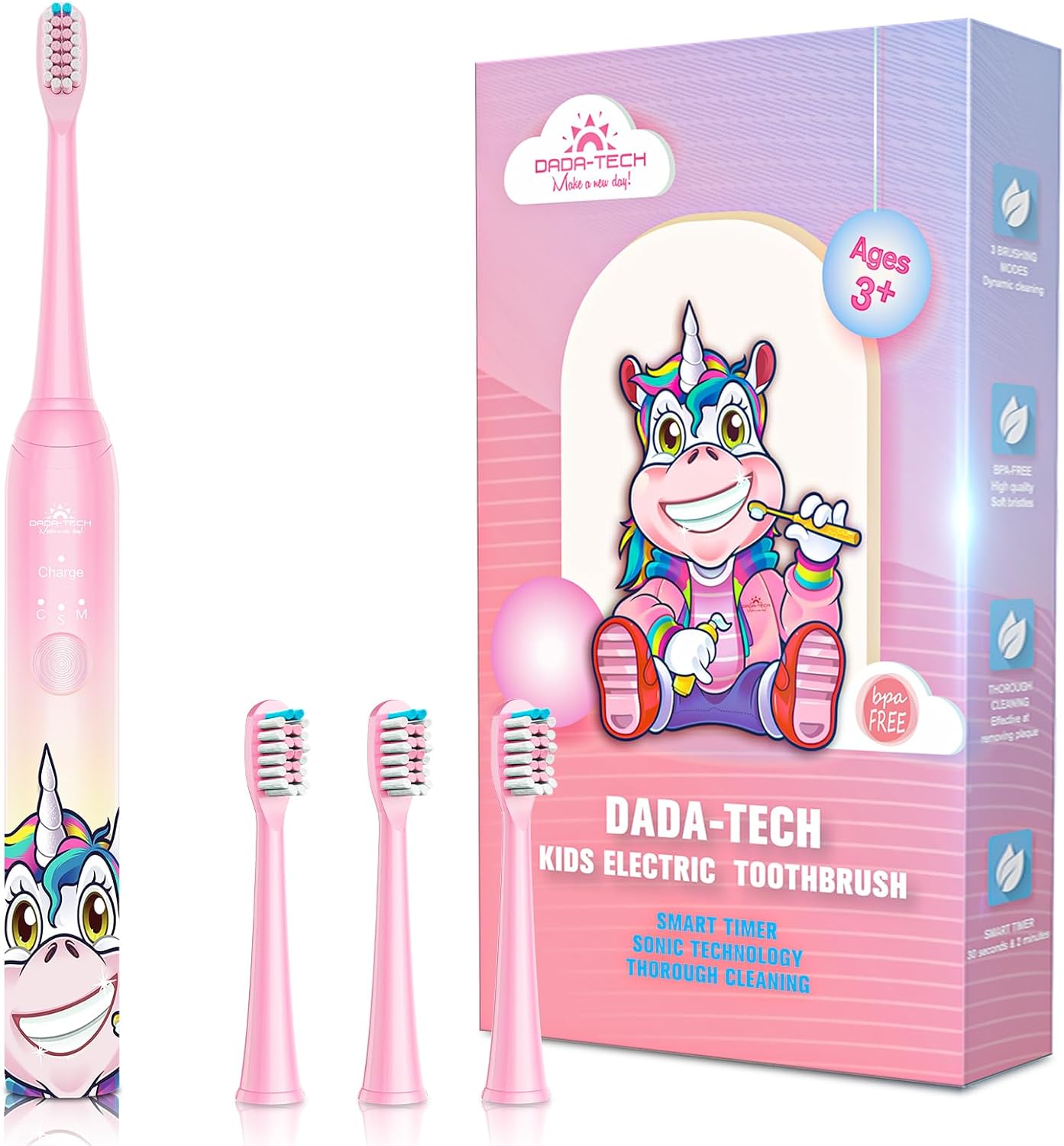 DADA-TECH Kids Electric Toothbrush Rechargeable, Soft Unicorn Tooth Brush with Timer Powered by Sonic Technology for Children Boys and Girls Age 3+, Waterproof and 3 Modes (Matte Pink Li)