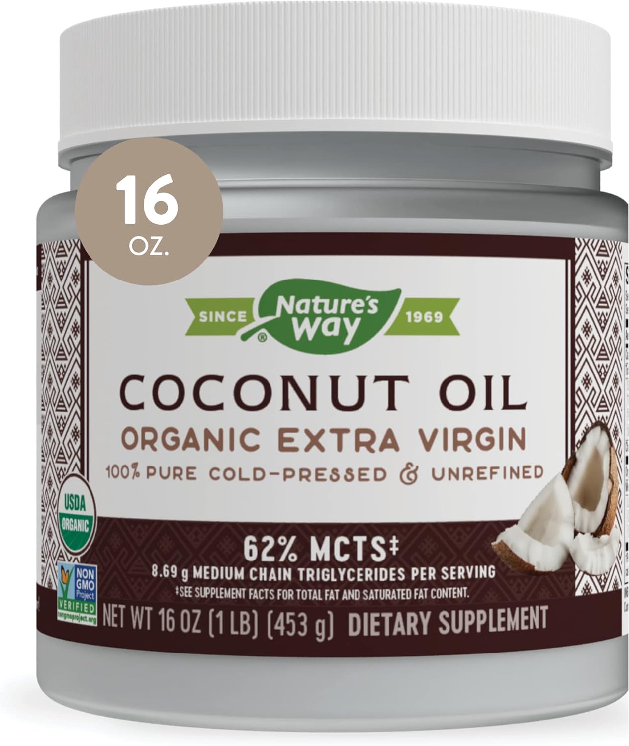 Nature'S Way Organic Extra Virgin Coconut Oil, Pure And Unrefined, 62% Mcts, 16 Oz