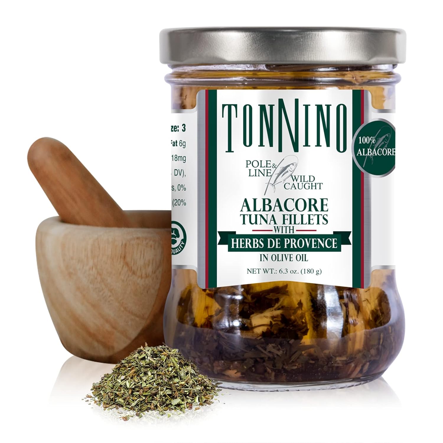 Tonnino Albacore Tuna in oilve oil with Herbs de Provence 6-Pack Omega-3 Rich, High Protein, Gluten-Free, Ready-to-Eat Tuna Packets for Tuna Salad, Tuna Fish Alternative to Salmon, Pole & Line Caught