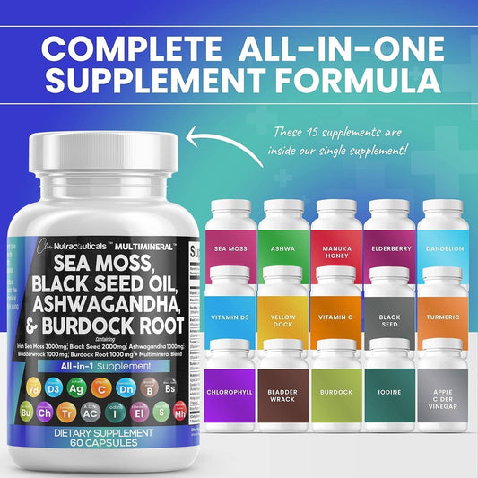 Clean Nutraceuticals Sea Moss 3000mg Black Seed Oil 2000mg Ashwagandha 1000mg Turmeric 1000mg Bladderwrack 1000mg Burdock & Vitamin C D3 with Elderberry Manuka D, Iodine Chlorophyll ACV - 2Pack