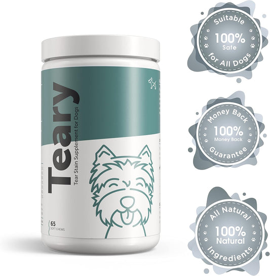 Dog's Lounge - TEARY - Natural Tear Stain Supplement for Dogs | Helps to Lubricate Mucous Membranes | 65 Soft Meaty Chews with Cranberry, Oregon Grape Root, Marshmallow Root, and Eyebright