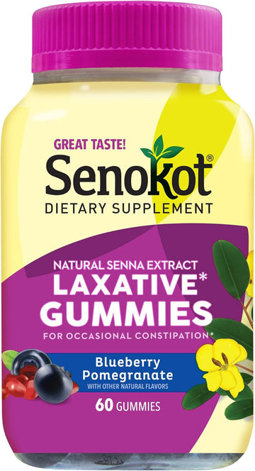 Senokot Dietary Supplement Laxative Gummies, Natural Senna Extract, Gentle, Overnight Relief From Occasional Constipation, Blueberry Pomegranate Flavor, 60 Count