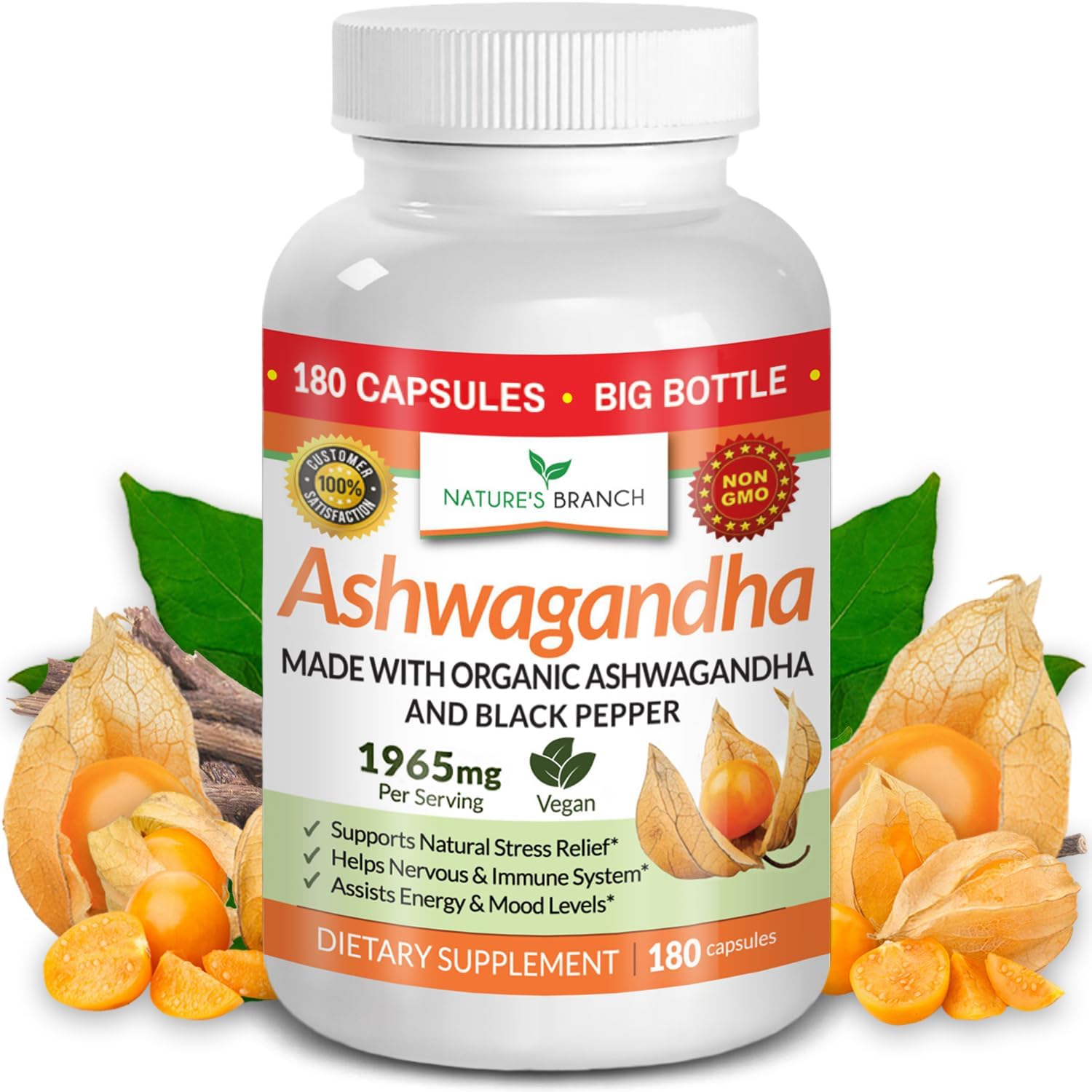 Organic Ashwagandha with Black Pepper - 180 Capsules - 1965mg Extra Strength for Stress and Mood, Sleep, Thyroid, Focus, Hair, Pure Root Extract Powder - 180 Vegan Supplements for Men and Women