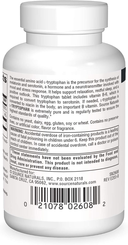 Source Naturals L-Tryptophan With Vitamin B-6 1000 Mg Support Mood, Relaxation And Sleep* - 30 Tablets