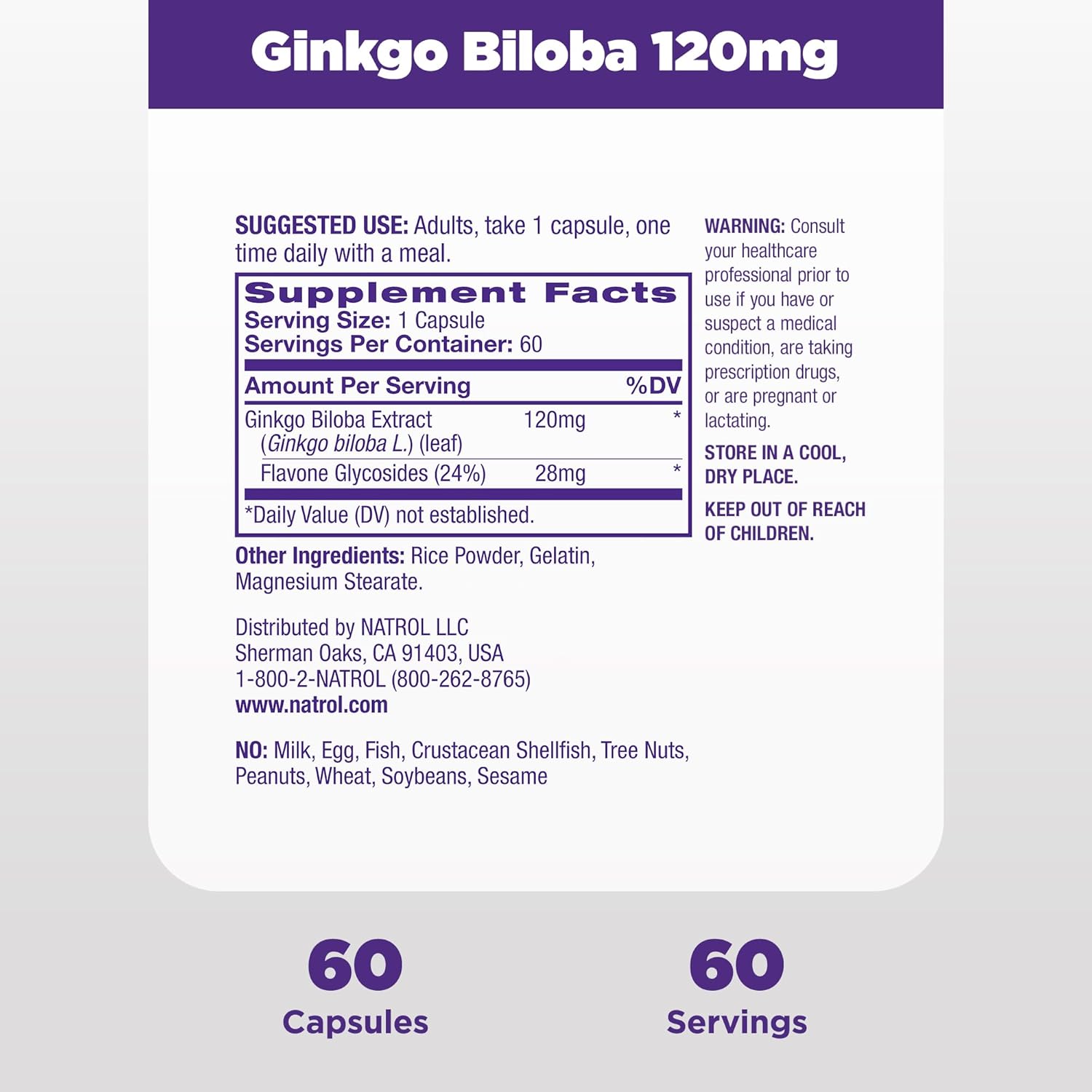 Natrol Brain Health Ginkgo Biloba 120mg, Dietary Supplement for Brain Health and Memory Support, 60 Capsules, 60 Day Supply : Health & Household