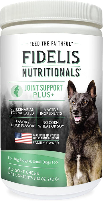 Fidelis Joint Support Plus+ Hip & Joint Supplement For Dogs, Glucosamine For Dogs, Chondroitin Dog Treats, Vitamin C, Omega Fatty Acid, Msm, Adult, Big & Small, Made In Usa, Duck Flavor, 60 Soft Chews