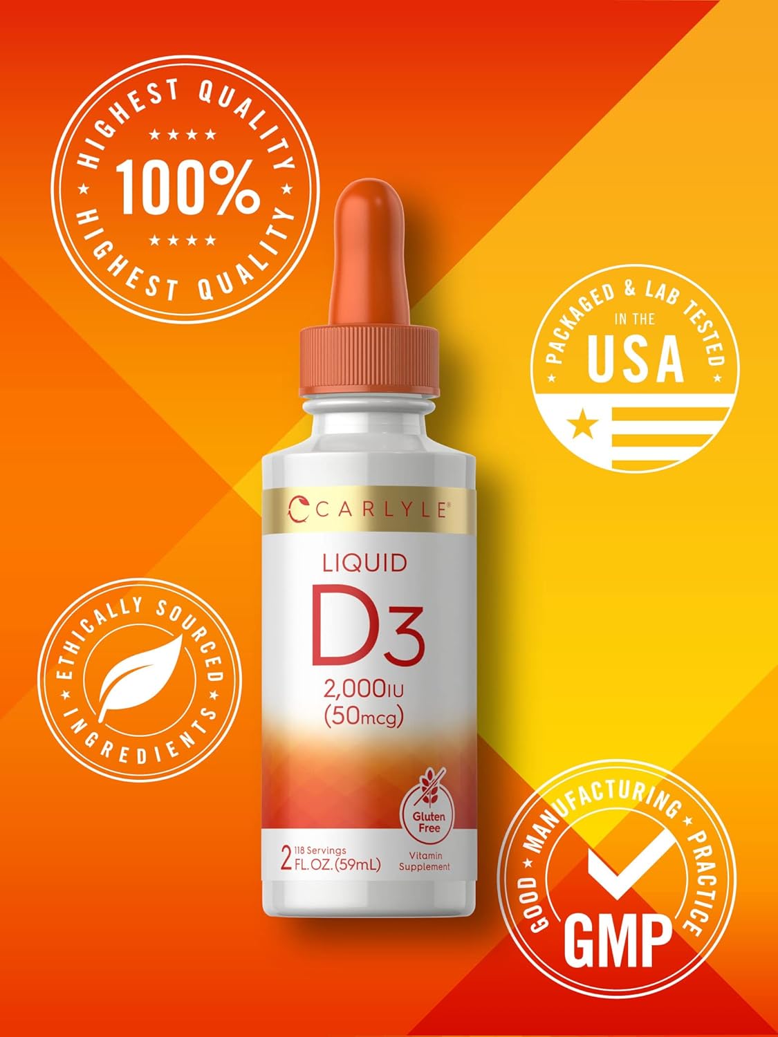 Carlyle Liquid Vitamin D3 | 2000 IU | 2 oz | Vegetarian, Non-GMO, and Gluten Free Formula | 50mcg | Vitamin D Liquid Drops for Adults : Health & Household