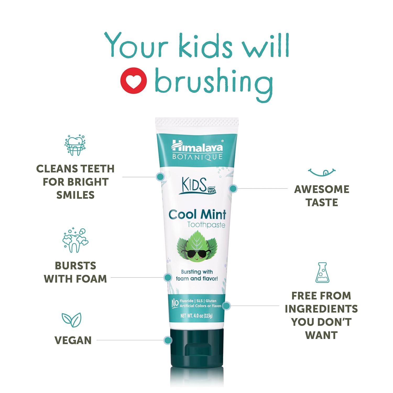 Himalaya Botanique Kids Toothpaste, Cool Mint, Fights Plaque, Fluoride Free, Gentle, No Artificial Colors, SLS Free, Gluten Free, Cruelty Free, Vegan, Foaming, 4 Oz, 1 Pack… : Health & Household