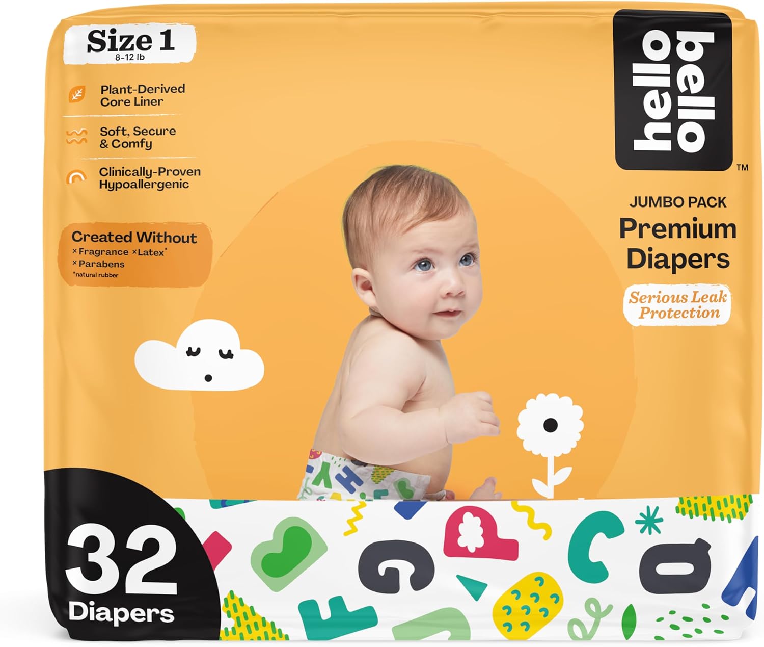 Hello Bello Premium Baby Diapers Size 1 I 32 Count Of Disposable, Extra-Absorbent, Hypoallergenic Baby Diapers With Snug And Comfort Fit I Alphabet Soup