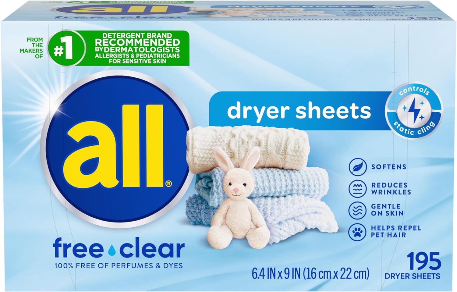 All Fabric Softener Dryer Sheets For Sensitive Skin, Free Clear, 195 Count
