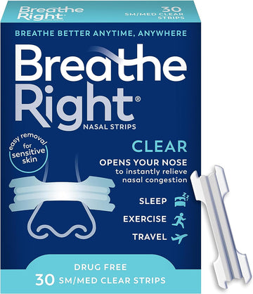 Breathe Right Original Nasal Strips | Clear | Sm/Med | For Sensitive Skin| Drug-Free Snoring Solution & Nasal Congestion Relief Caused by Colds & Allergies | 30 ct (Packaging May Vary)