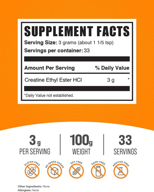 BulkSupplements.com Creatine Ethyl Ester HCl Powder - Creatine Supplement, Creatine Ethyl Ester Powder - Unflavored & Gluten Free, 3g per Serving, 100g (3.5 oz) (Pack of 1)