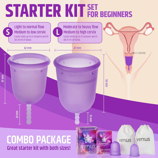 Venus Menstrual Cup Starter Kit - Set of 2 Cups in 1 Package – Perfect for Beginners - FDA Registered & 100% Medical Grade Silicone Reusable Period Cups – Made in USA – Sizes Small+Large - Purple